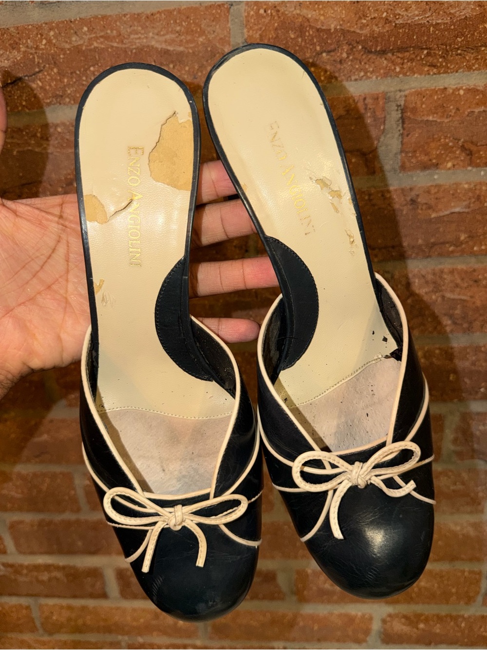 Enzo Angiolini Navy Leather Bow-Trim Block Heel Mules - Picture 6 of 7